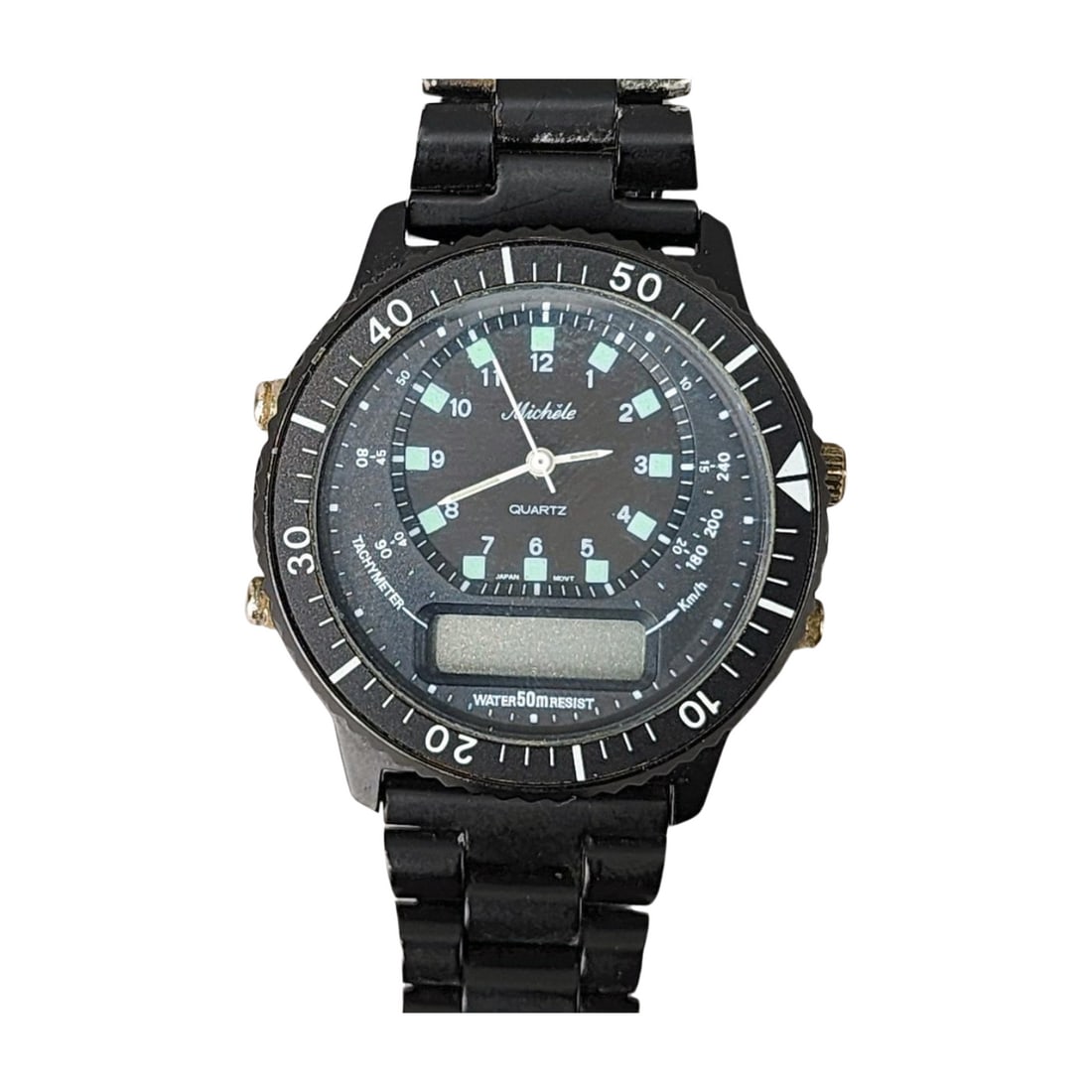Vintage MICHELE Tachymeter Quartz Analog Digital Wrist Watch: Vintage black metal wrist watch with indiglo quartz dial in both analog and digital. Measures 37mm lug to lug.