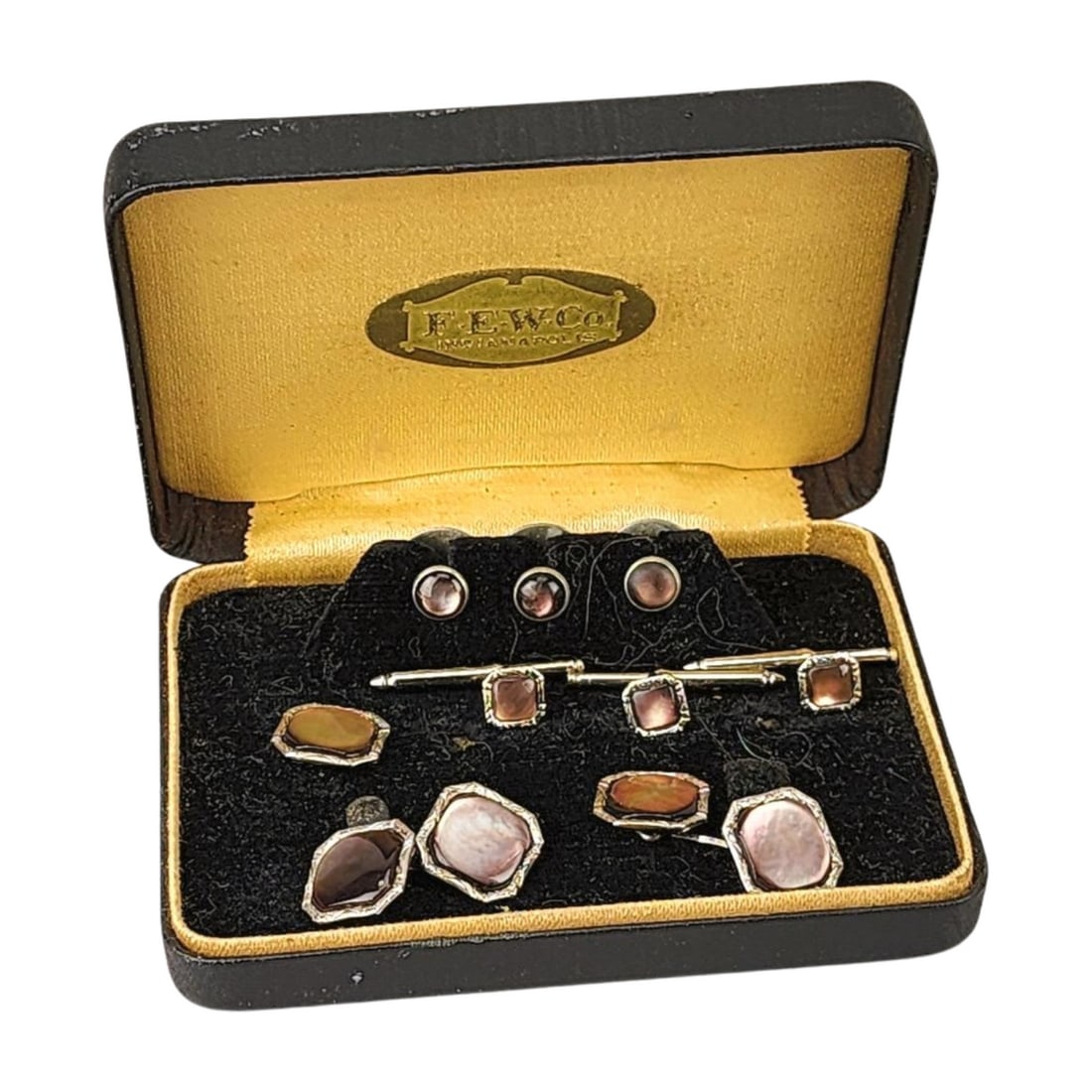 Antique FEW Co. Platinum & Abalone Inlay Tuxedo Shirt Stud Set: Antique F.E.W Co. platinum and abalone inlay shirt stud set with original box. Pieces measure about 1/2" to 1" with 3 1/2" case.