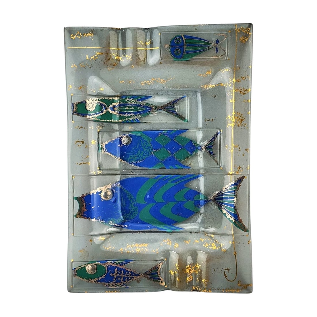 Mid Century Modern HIGGINS Fish Fishing Art Glass Tray (1 of 4)