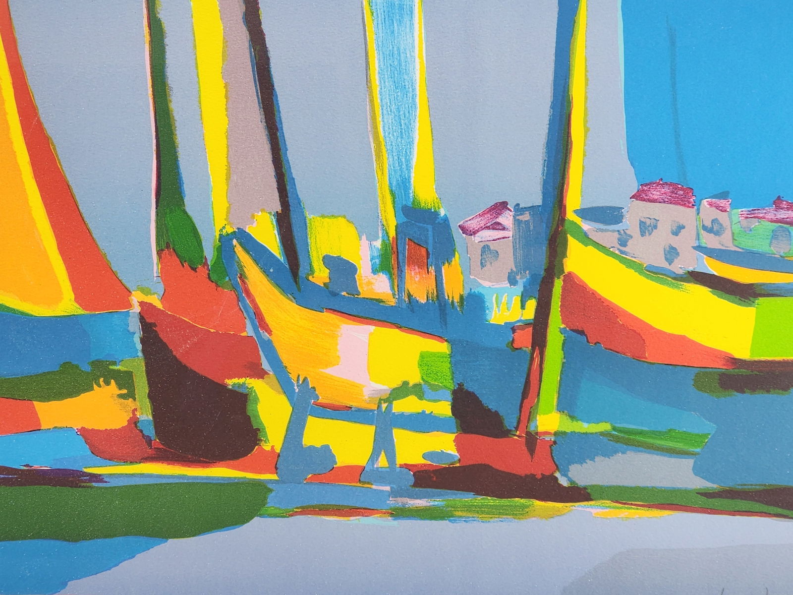 Marcel Mouly "Les Bateaux Jaunes" French Abstract Boat Lithograph: Vintage french artist Marcel Mouly boats in a harbor colorful abstract lithograph titled, "Les Bateaux Jaunes", 29/150 . Professionally framed and matted. Measures 23 3/4" x 29 1/4" total with 14" x 1