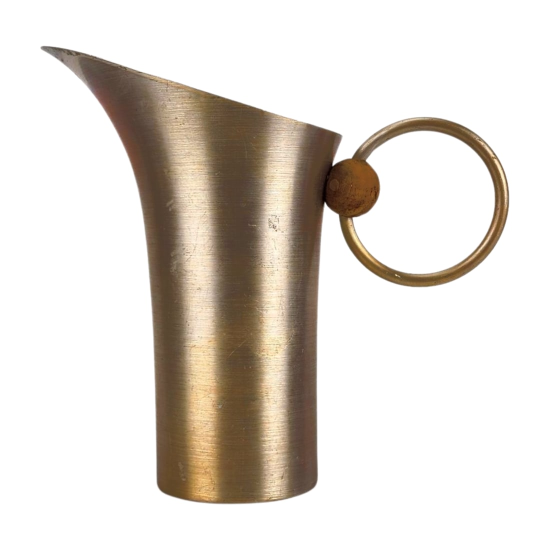 Russel Wright Spun Aluminum Pitcher: Vintage modernist spun aluminum pitcher by Russel Wright with wood ball ring handle. Measures 10 14/" x 7" x 6".