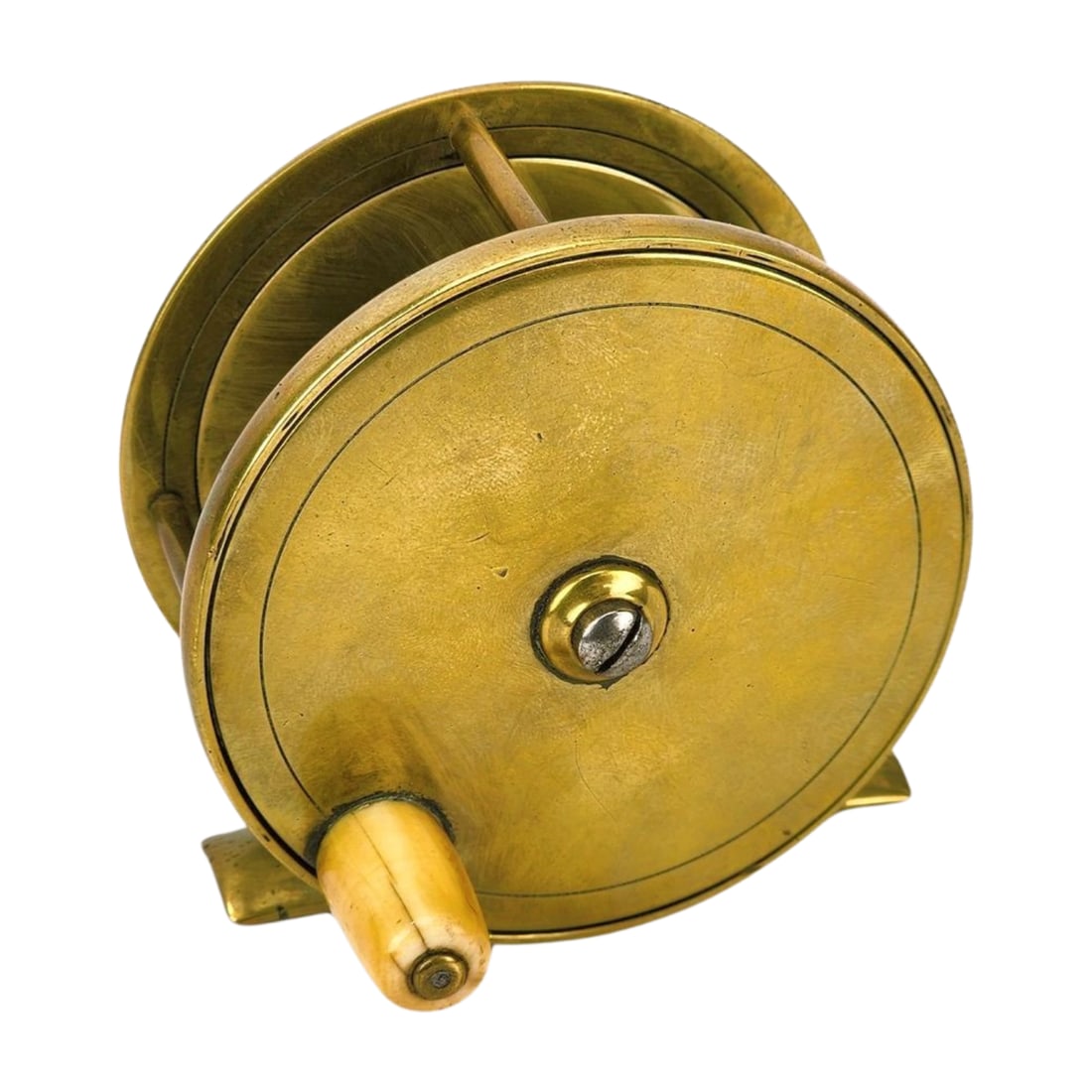 Antique Brass Fly Fishing Reel: Nice antique brass fly fishing reel with fish logo on inside. 5 pins with bone handle. Appears to be from London, attributed to Eaton & Dellar. Measures 3 1/2 diameter x about 1 3/4" wide excluding ha