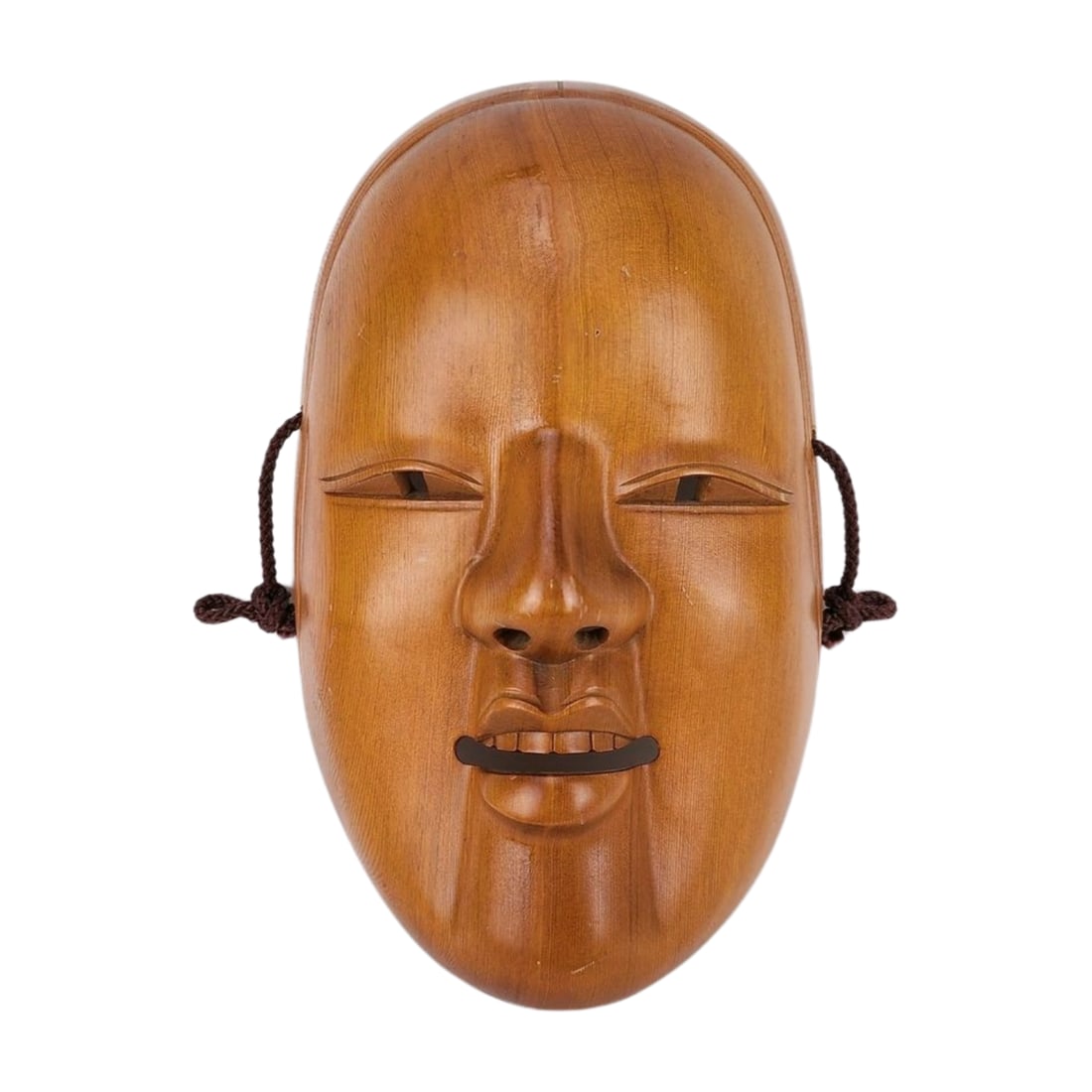 Vintage Noh Japanese Wood Carved Opera Mask: Vintage Japanese wood carved opera mask with original string and old Hawaiian antique store label. Measures 9" x 5 1/2" x 3 1/4"