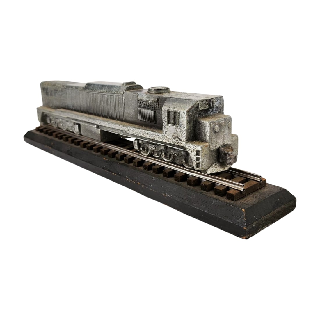 Vintage Aluminum Train Executive Railroad Desk Model: Wood base with solid aluminum train model possibly an award or given to a railroad executive. Measures 4 1/2" x 17" x 3", train is 14".