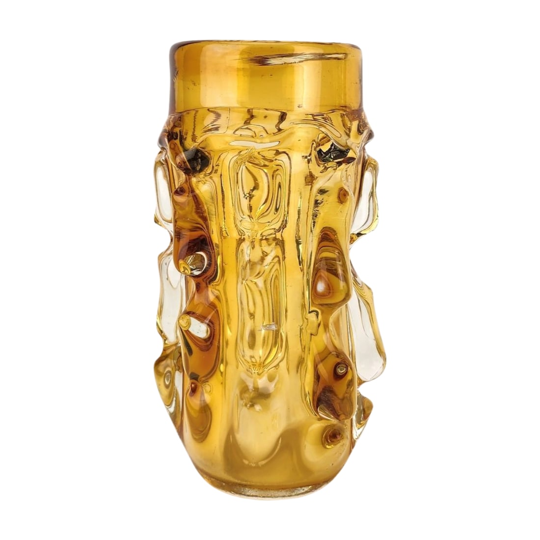 Bohemian Czech Art Glass Jan Skrdlovice Vase: Vintage Jan Skrdlovice yellow thick studio art glass vase. Measures 9" x 5" x 3 1/2".