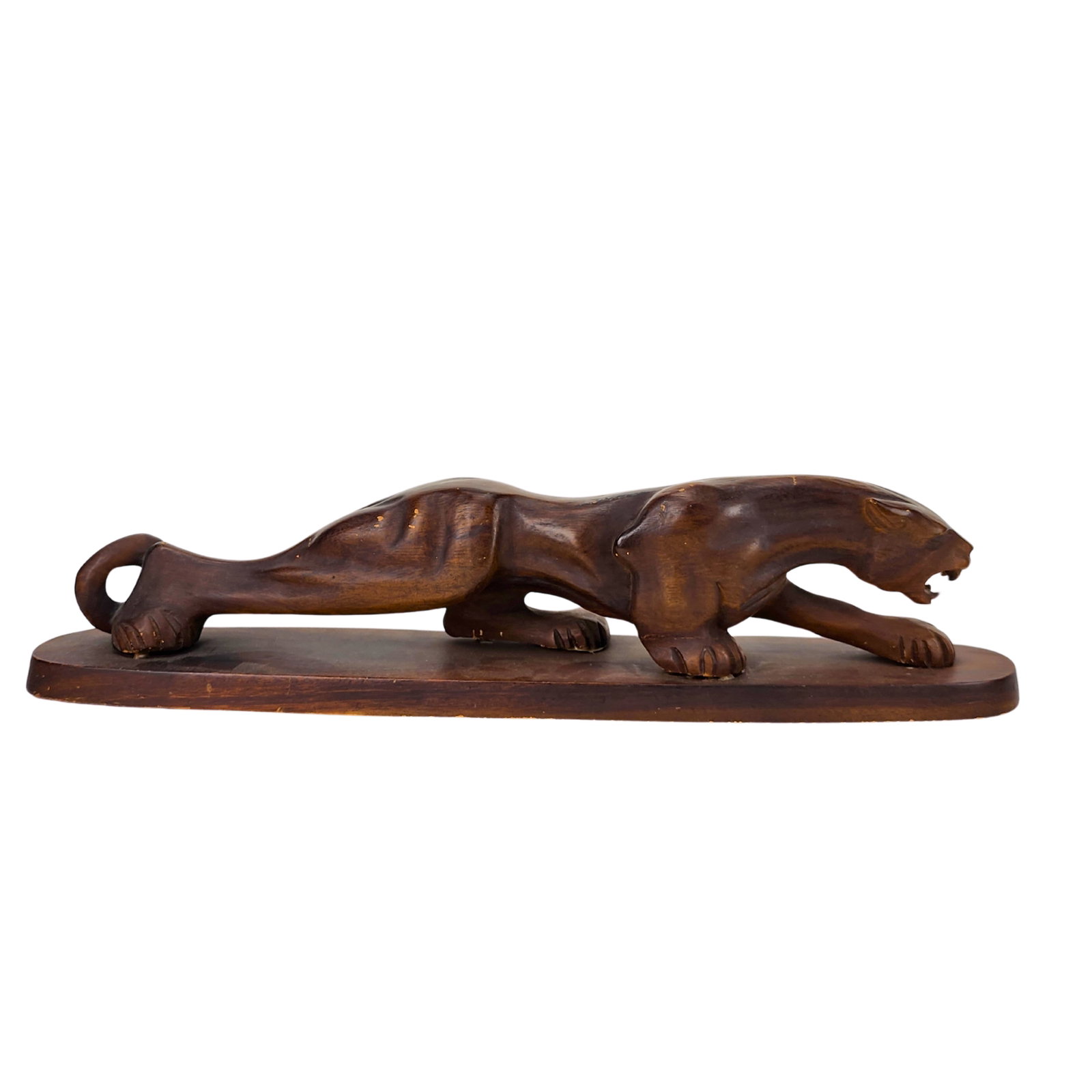 Mid Century Wood Carved Panther Sculpture: Vintage crouching wood carved panther sculpture on block base by unknown maker or artist. Measures 5 1/2" x 21 1/8" x 5 1/8".