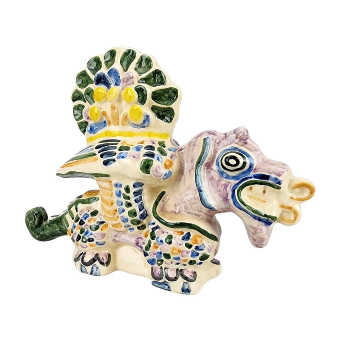 Shearwater Art Pottery Dragon Sculpture: Vintage Shearwater pottery multi-color dragon sculpture. Measures 9" x 12 1/2" x 3 1/2".