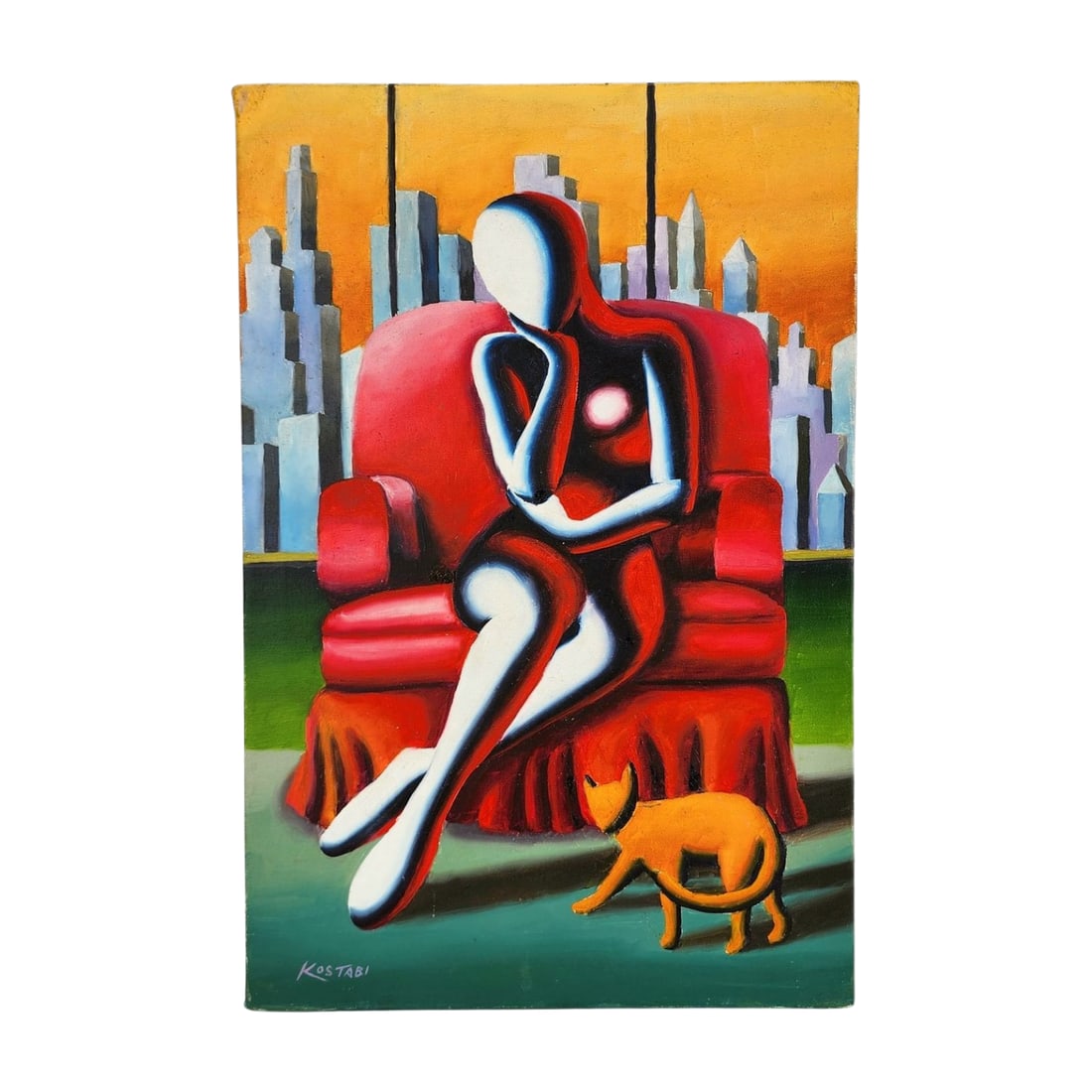 After Mark Kostabi Stylized Modernist Painting on Canvas: Vintage signed painting after artist Mark Kostabi. Depicts a stylized sitting nude woman with cat. Painting on canvas. Measures 15 5/8" x 23 1/2".