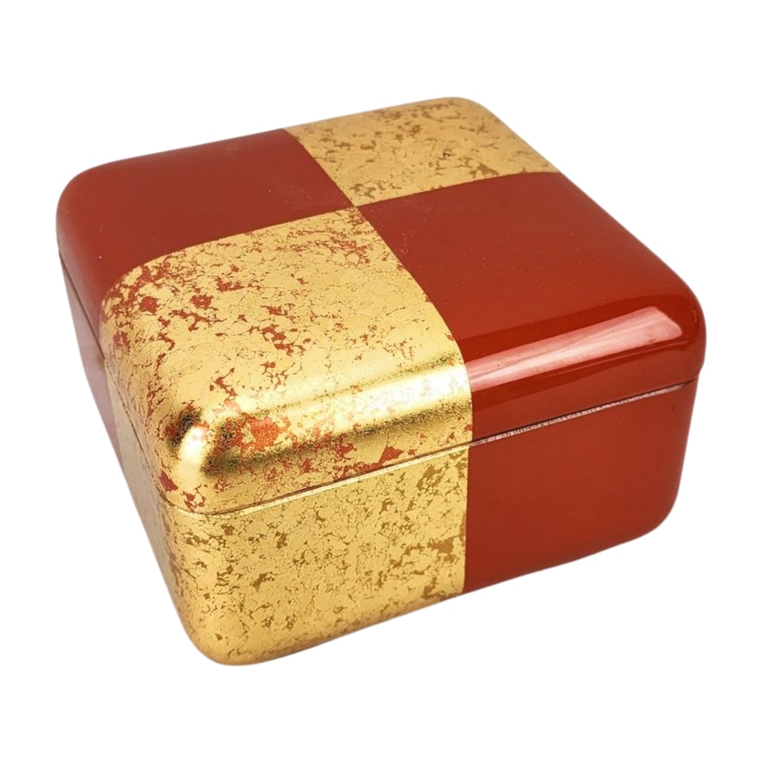 Lunch Box Hano Himeji Vermillion Hakuichi Japan: Modernist Hakuichi Original Vermillion checked lunch box gift. Stamped on bottom. Measures 3 1/2" x 4 1/2" x 4 1/2".