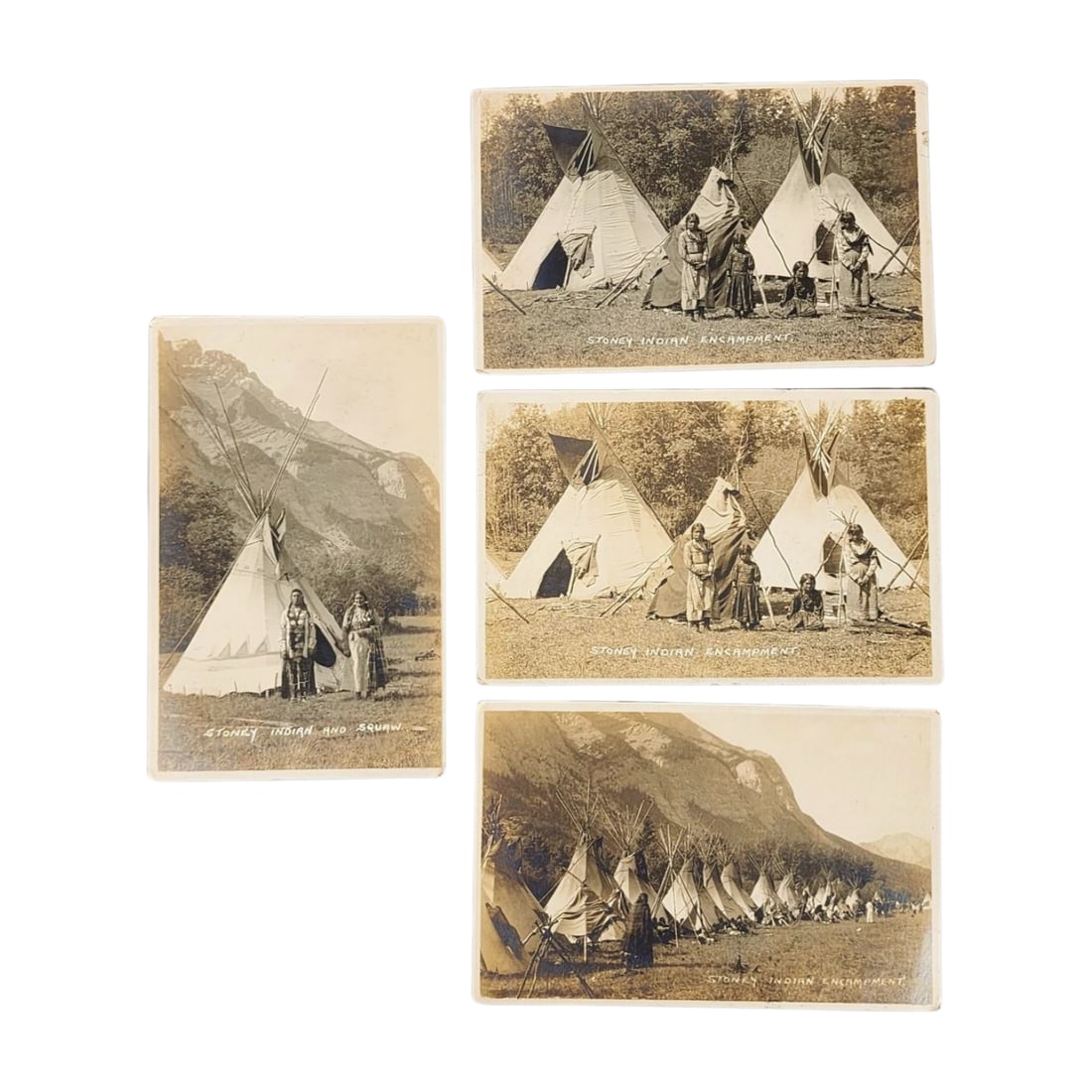 RPPC American Indian Stoney Indian & Squaw Encampment Group 4 Real Photo Postcards: Group of 4 vintage photograph postcards by Byron Harmon, Canadian circa 1900 with inscription and two cent stamp. Depicts a First Nation Native American Stoney Indians and Squaw at various encampments