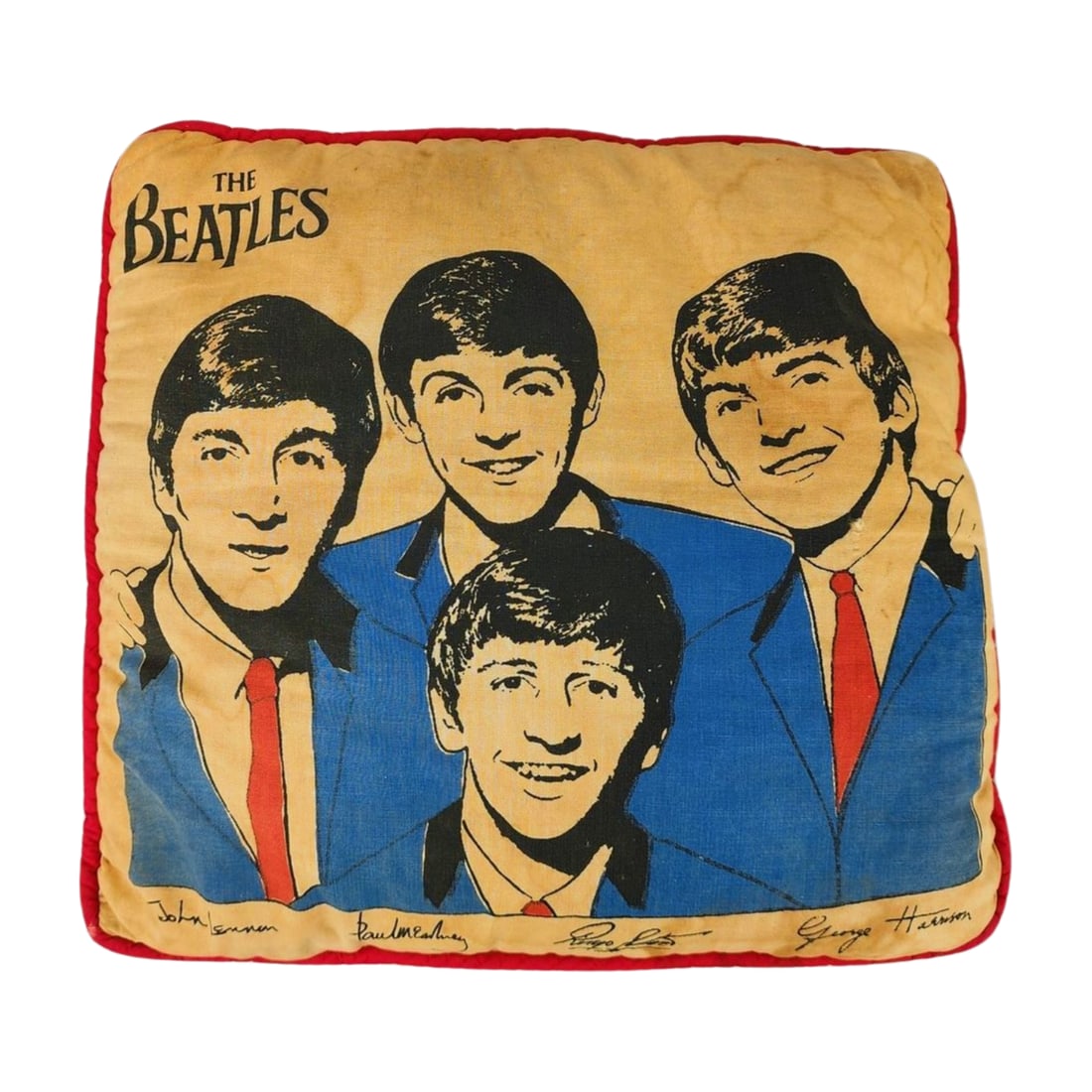 1964 Beatles Original Band Pillow: Vintage original The Beatles pillow in red, white and blue with printed signatures. Measures 12" x 12" x 3".