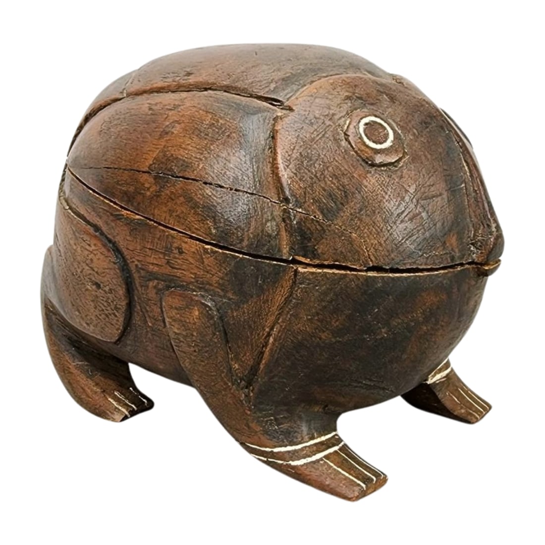 Vintage Tribal Wood Carved Toad Box: Vintage wood carved and tribal toad frog box. Appears to be Burmese in origin. Measures 4 1/2" x 6" x 4".