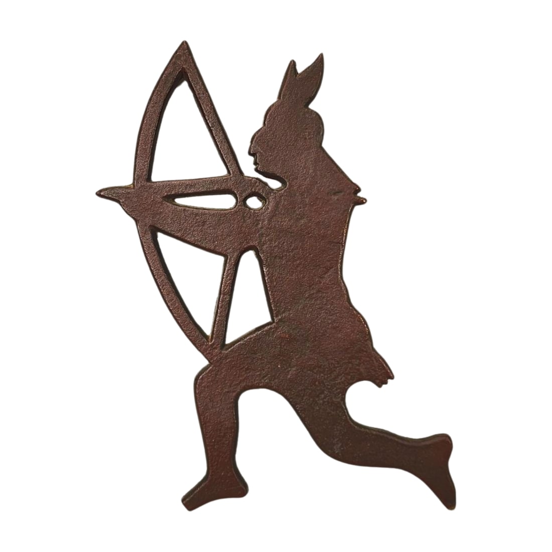 MOMA Cast Iron Reproduction American Indian Sculpture: Cast iron silhouette sculpture of an American Indian with bow and arrow. Reproduction by Museum of Modern Art. Stamped on backside. Measures 13" x 10 1/2" x 1/4".