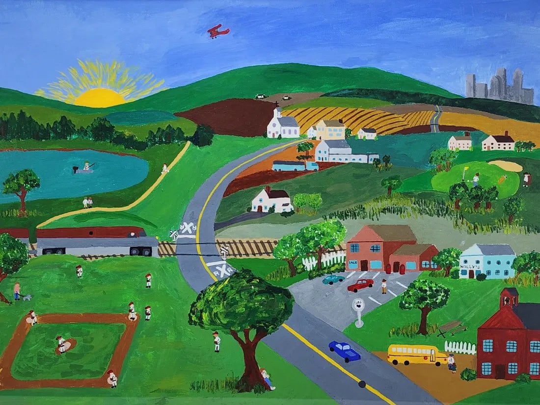 Folk Art Baseball Town Painting on Board Signed WG (1 of 6)