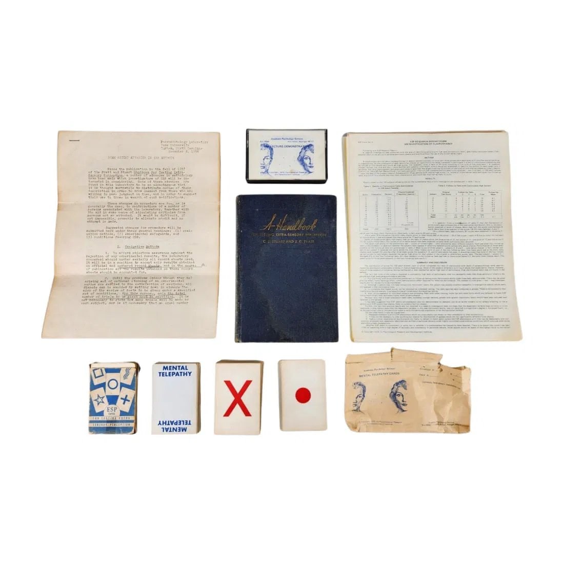 Vintage ESP Extra Sensory Perception Testing Materials: A Handbook Testing - Extra Sensory Perception by Stewart & Pratt from Duke University with insert from 1937/38. Also includes ESP Testing Kit with cassette tape lecture, instruction and score forms al