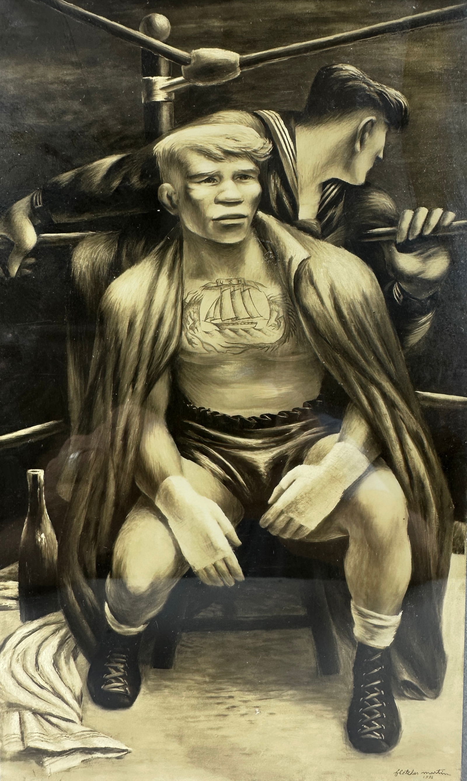 Vintage Fletcher Martin "Lad from the Fleet" Boxing Print: Vintage framed photographic art print by Fletcher Martin titled "Lad from the Fleet". Fletcher Martin (1904-1979 was a painter, illustrator and muralist best known for WWII and boxing images. Measures