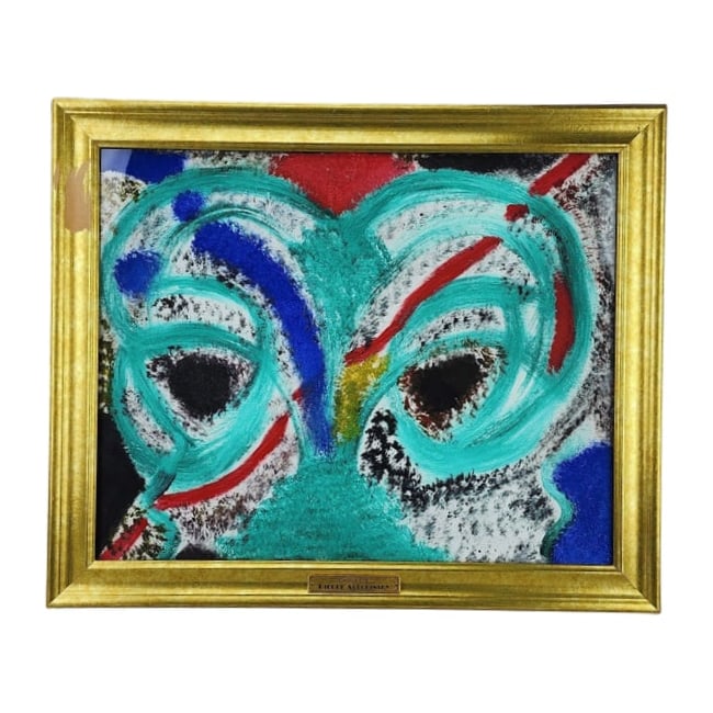 Pierre Alechinsky "Chouette" Painting on Board: Vintage Pierre Alechinsky "Chouette" abstract expressionist painting on board with frame plaque. Pierre Alechinsky is a 96 year old Belgian artist who has lived in France since the 1950s. Artworks are