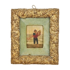 Antique 19th Century Miniature Oil Painting Couple on the Beach Gilt Wood Frame