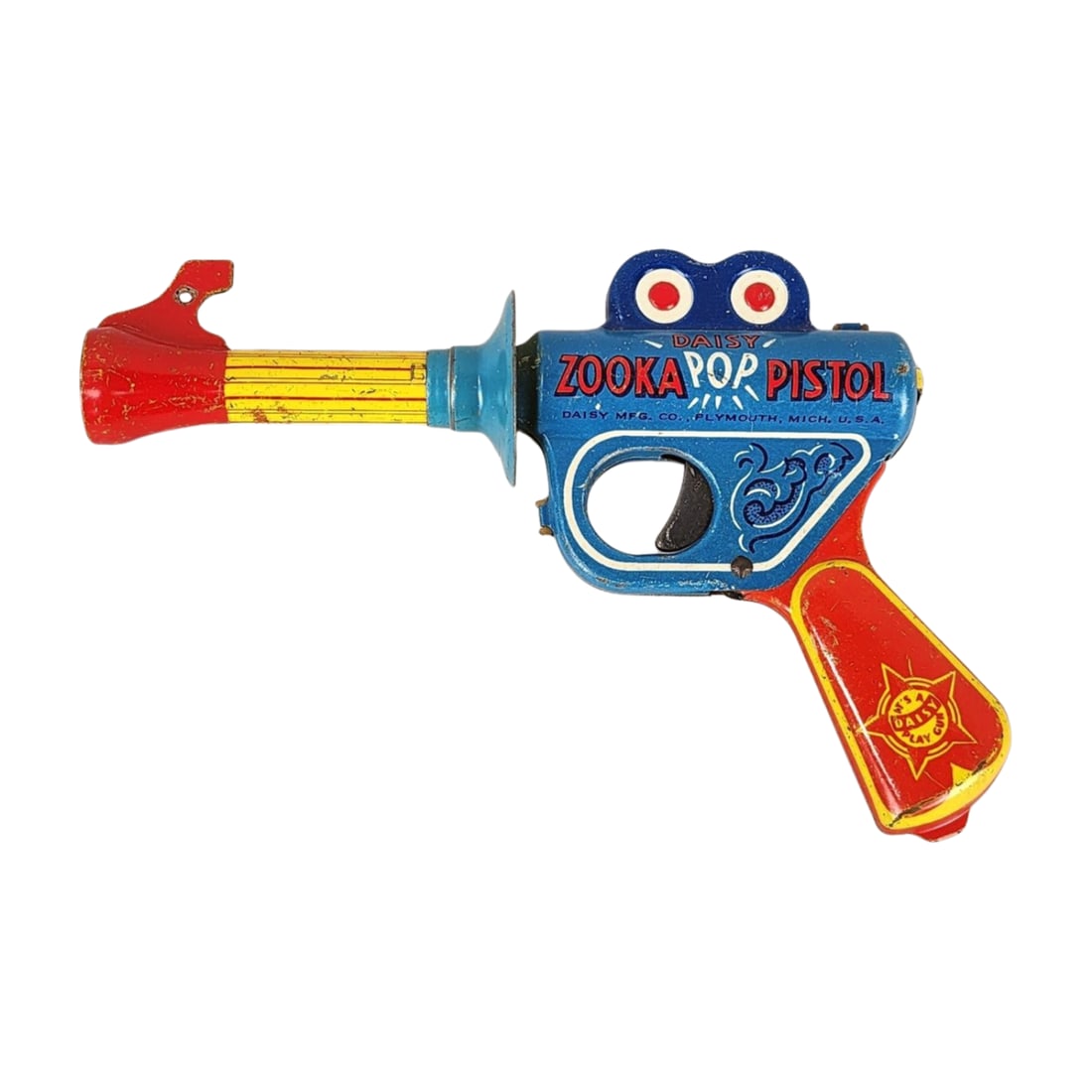 Daisy Zooka Pop Pistol Tin Toy Gun: Vintage tin toy Daisy Zooka Pop Pistol toy gun. Measures 7 3/4" x 5 1/8" x 1 3/4".