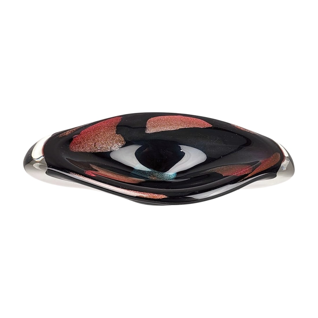 Murano Aventurine Sculptural Art Glass Bowl: Murano art glass bowl with a black base, red and copper swirls, and a blue center. Mid-century modern design. Measures 2 3/4" tall x 11 1/2" x 6".