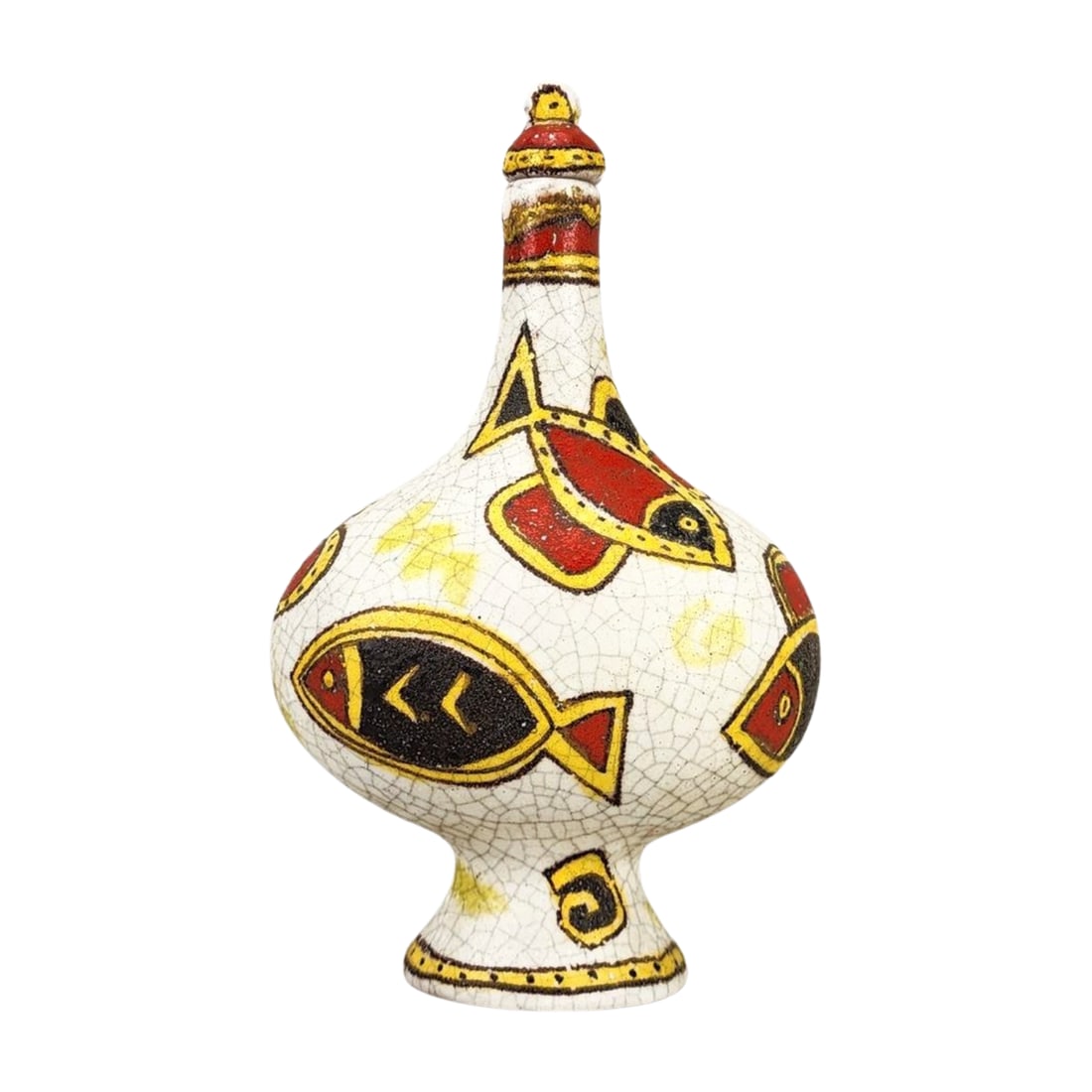 Italian Mid-Century Modern Ceramic Bottle by Guido Gambone: Mid-century ceramic bottle by Italian artist Guido Gambone with red, black, and yellow fish motifs on a crackle-glazed white ground. Signed on the base. Measures 12 1/4" x 7 1/2" x 5".