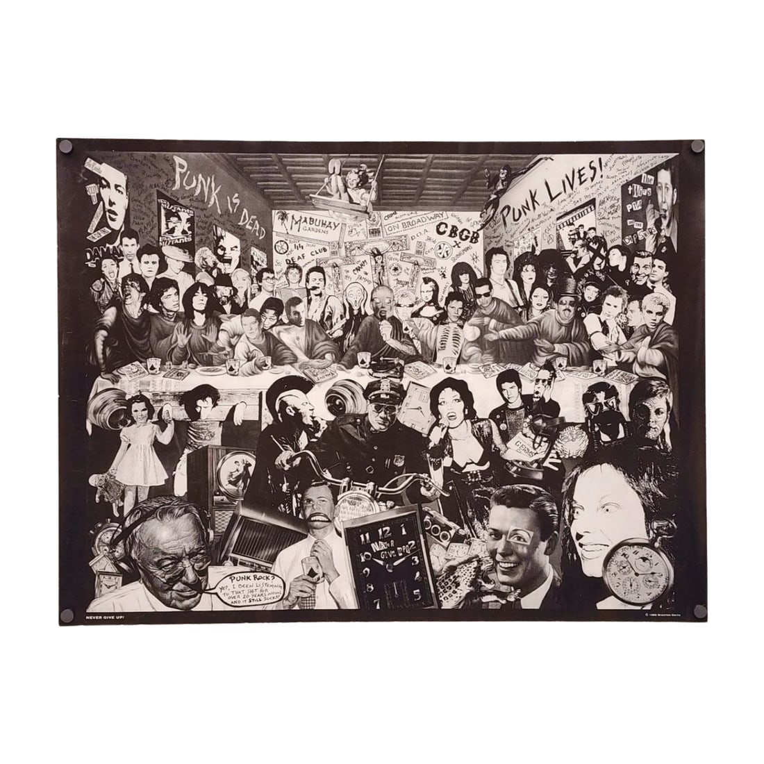 1995 Winston Smith "Punk Is Dead / Punk Lives" Collage Poster: 1995 poster by Winston Smith titled "Punk Is Dead / Punk Lives." Includes "Never Give Up!" text in the lower corner. Measures 17 3/8" x 24".