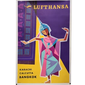 Original Vintage Lufthansa Travel Poster Thailand