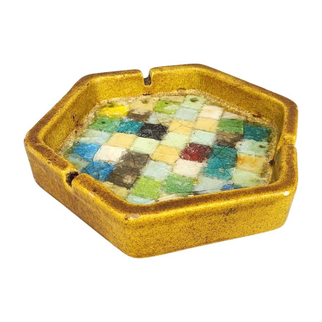 Raymor Mid-Century Modern Art Pottery Ashtray: Raymor hexagonal mid-century modern art pottery ashtray with a colorful mosaic design. Measures 1 7/8" x 8 1/2" x 7 1/2".