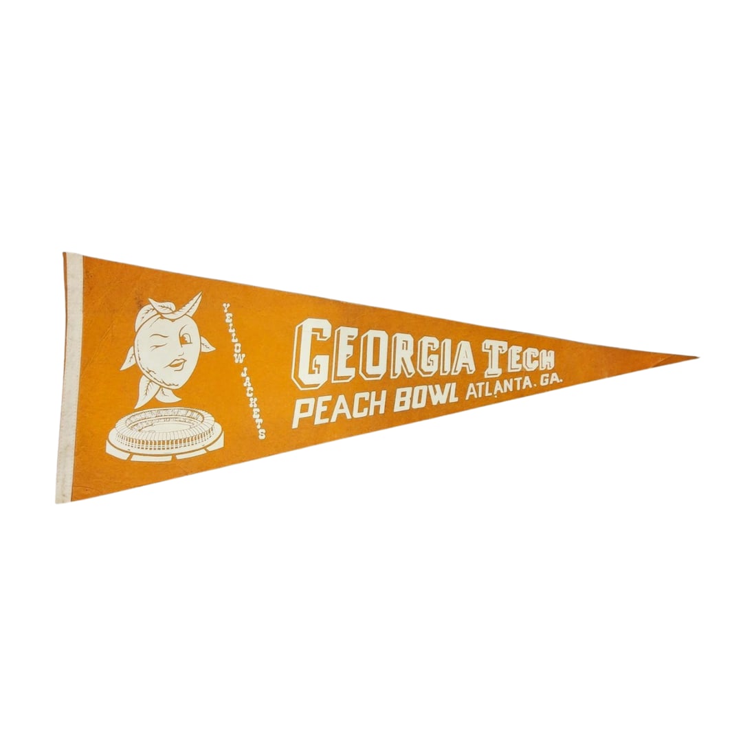 Vintage Georgia Tech Peach Bowl Pennant – 1971: Vintage Georgia Tech Peach Bowl pennant from the 1971 game in Atlanta, GA. Measures 12 1/4" x 30".