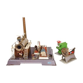 Vintage Wilesco Steam Engine with Wood Cutter and Grinder Accessories