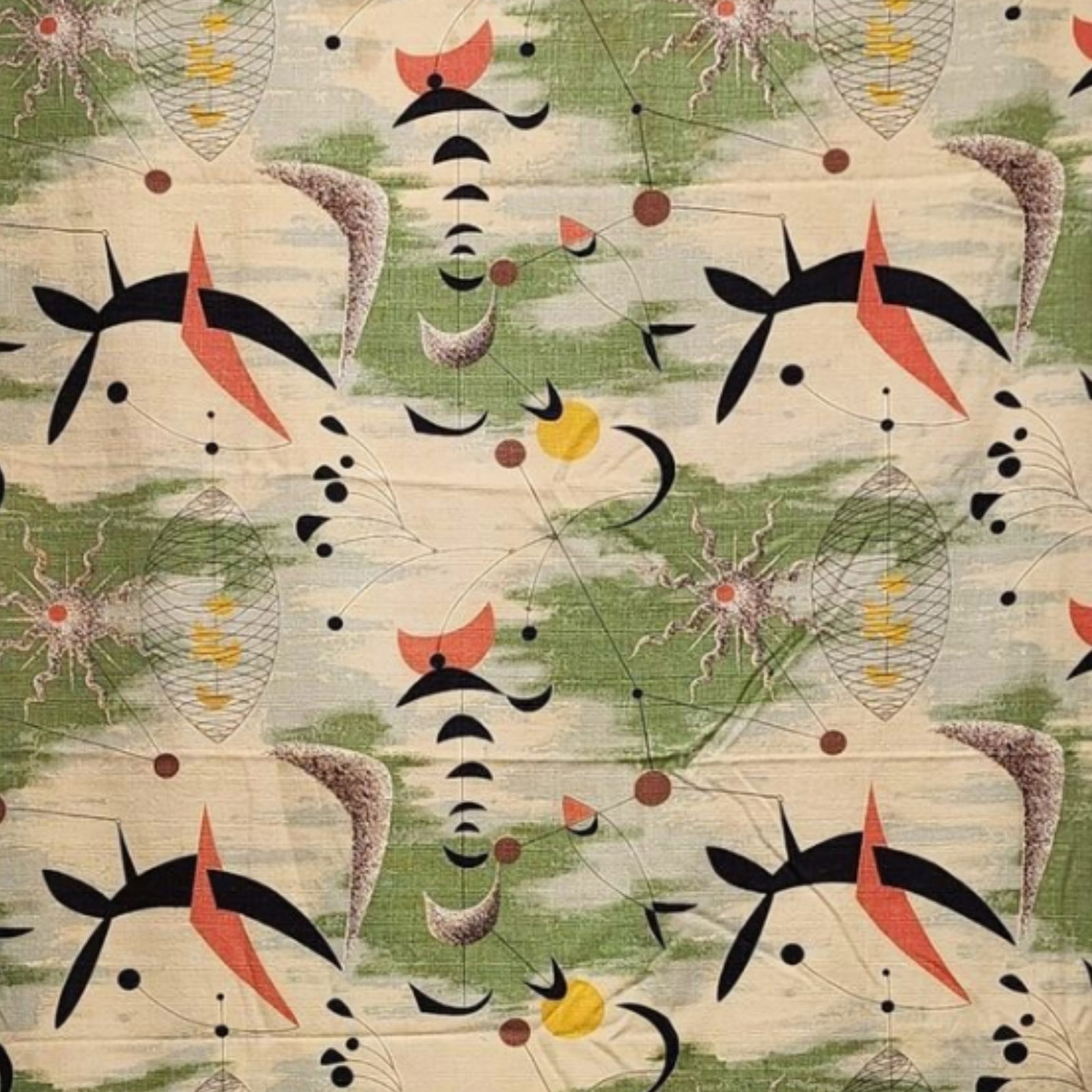 Mid-Century Modern Barkcloth Fabric Panels, Calder Style Pattern, Set of 2: Vintage bark cloth fabric panels with a vibrant Alexander Calder inspired abstract design in green, cream, and red tones. Measures 43" x 78" each panel.