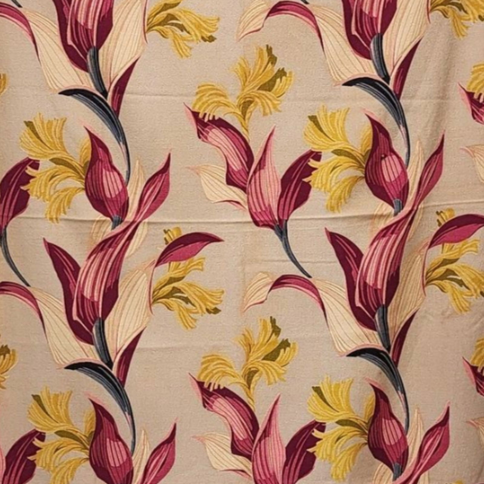 1950's  Barkcloth Fabric Curtain Panels with Pink Floral Design (1 of 6)