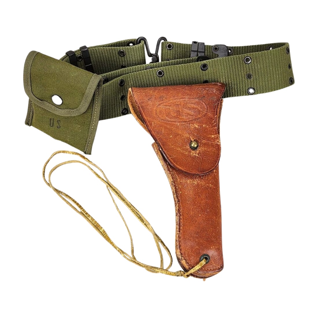 Boyt M1916 Holster with US Military Belt and Ammo Pouch: Boyt M1916 leather holster marked "MRT" with embossed "US" insignia, paired with an adjustable green canvas US military belt and ammo pouch marked "US." The holster is designed for a standard issue M1