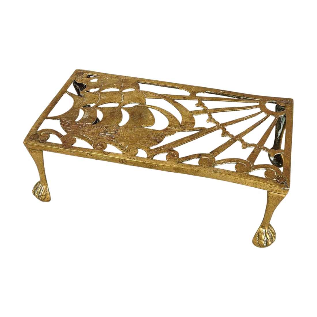 Antique Brass Trivet with Nautical Ship (1 of 8)