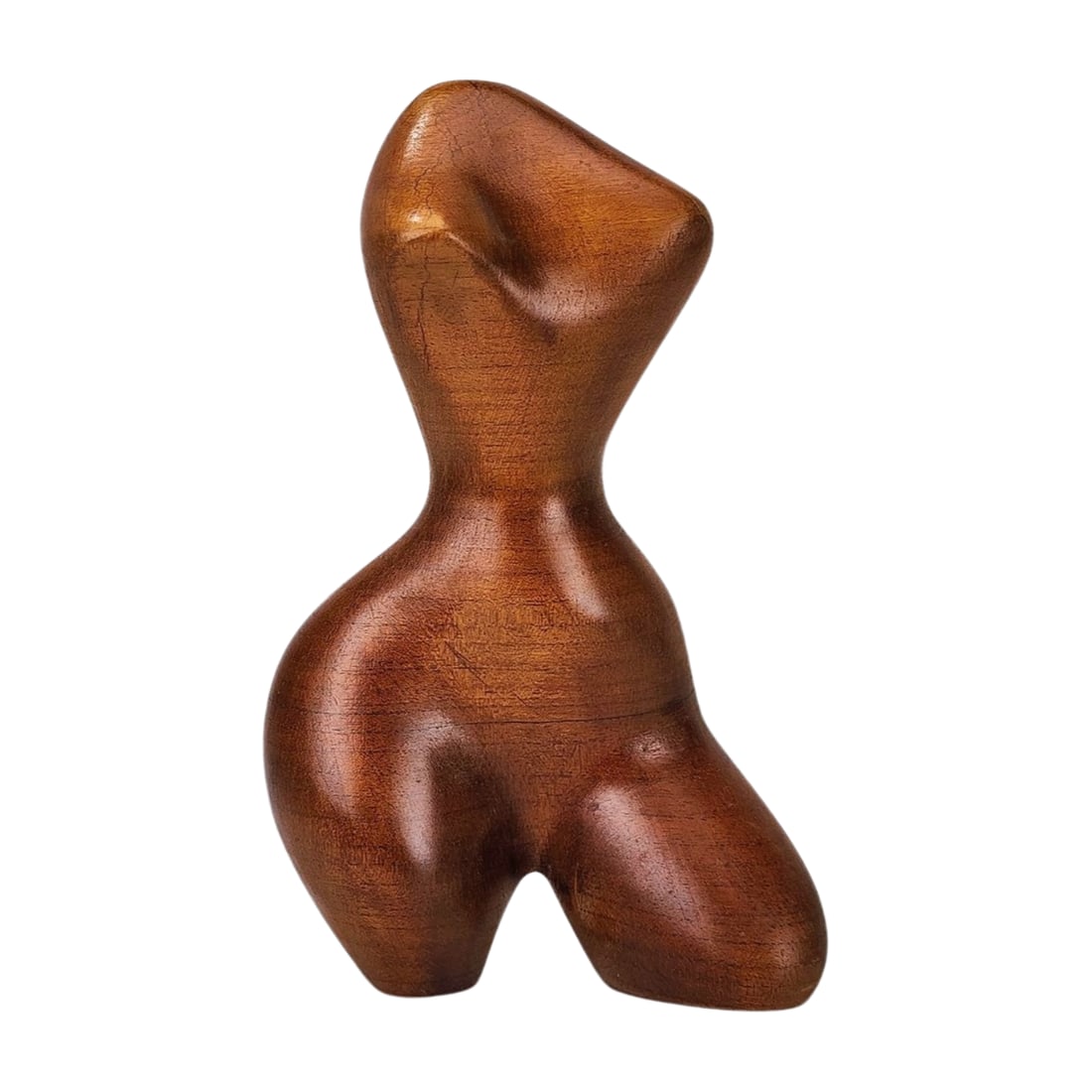 Modernist Nude Woman Carving Statue MCM: Vintage wood carved sculpture of a nude woman form by unknown artist . Signed on bottom. Measures 11" x 6 3/4" x 3 1/4".