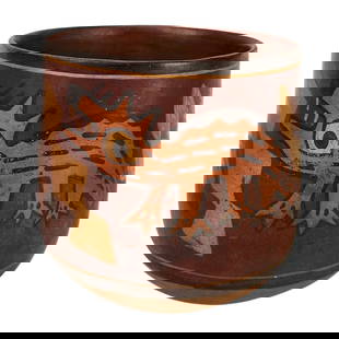Nazca Polychrome Ancient Animal Decorated Bowl: Pre-Columbian Nazca polychrome decorated clay bowl from Peru circa 400AD with fox or dog decoration. Acquired from collector's Estate. Measures 5 3/8" x 5 1/8".