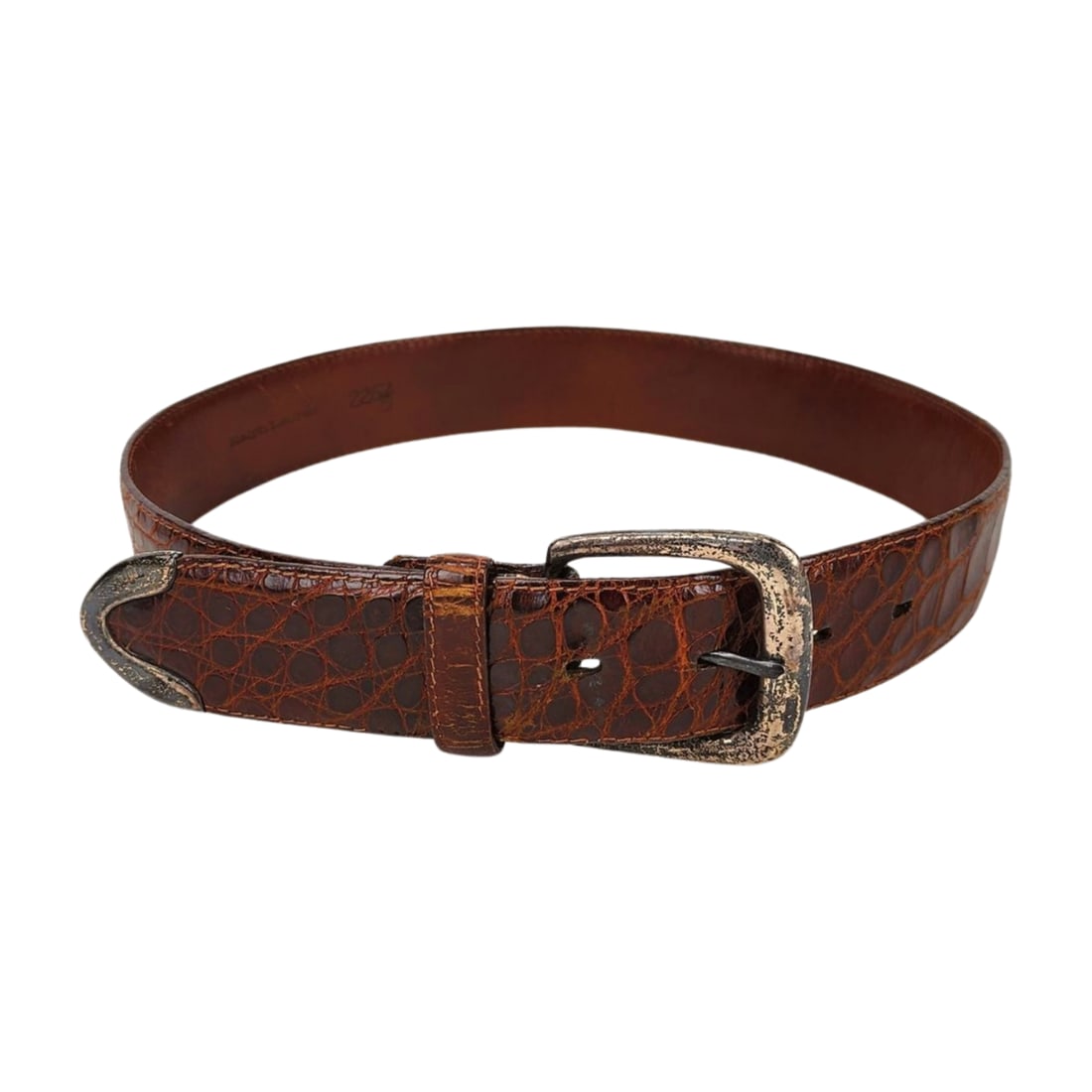 Vintage Alligator Belt Italy: Vintage Italian belt in genuine brown alligator or crocodile skin. Makers mark on inside. Stamped Italy. Silver or plated buckle. Measures 33" x 1 3/8", size 28.