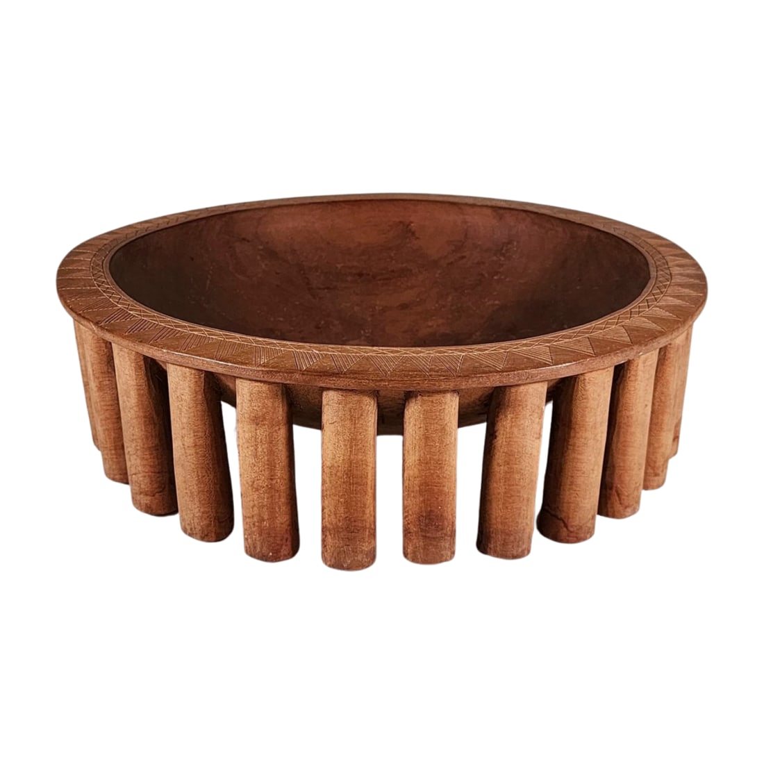 Vintage Samoan Kava Bowl Ceremonial Tribal Sculpture: Large 27 leg rare and incised decorated rim Kava ceremonial bowl wood carving. Appears to have some age and Samoan in origin. Measures about 4 1/2" tall x 15 3/8" x 14 3/8".