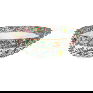 Antique Famille Rose Chinese Porcelain Bowl: Antique Chinese Export Famille Rose porcelain bowl with birds, butterflies and flower motif. Measures 3 1/2 "x 8 5/8".
