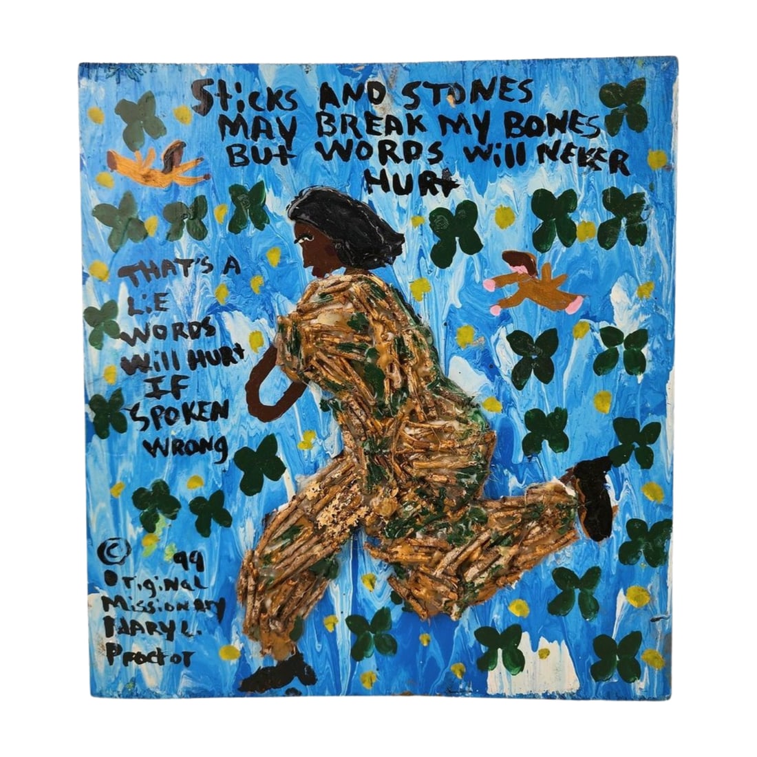 Folk Art Painting by Missionary Mary L. Proctor: Folk art painting by Mary L. Proctor featuring a textured dimensional running figure painted on board and text about the power of words. Signed on the front and backside. Measures 11 1/4" x 12 1/4" x