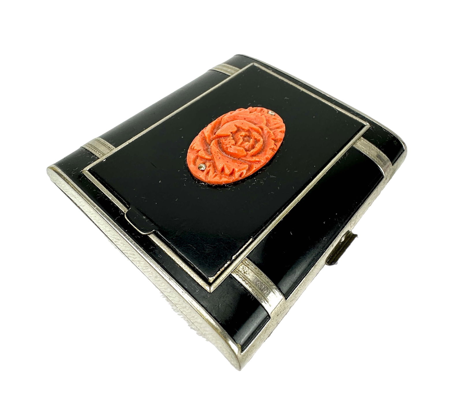Art Deco Carved Coral Enamel Cigarette Case Compact (1 of 7)