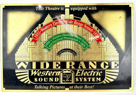 Western Electric Art Deco Theatre Brass Advertising Sign: Art deco brass advertising sign for Western Electric sound system. Enamel on brass. Measures 18" x 12"