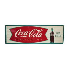 Rare Coca-Cola Fishtail 1950s Green Metal Advertising Sign