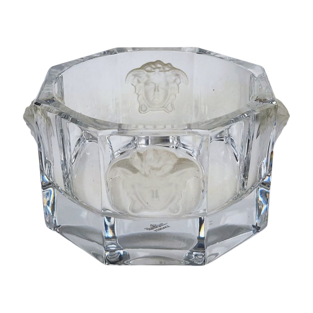 Versace Rosenthal Bottle Coaster Medusa: Vintage Rosenthal for Versace Medusa Lumiere bottle coaster. Stamped on bottom. Measures 3 1/8" x 5 1/8" x 5 1/8".