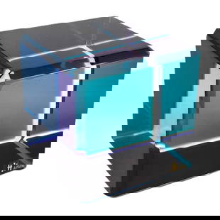 Modernist Lucite Art Cube Sculpture by Shlomi Haziza: Modernist vintage lucite cube by artist Shlomi Haziza, signed with original label intact. Colors are blue, purple and teal tones with faceted edges. Measures 6" x 6" x 6".