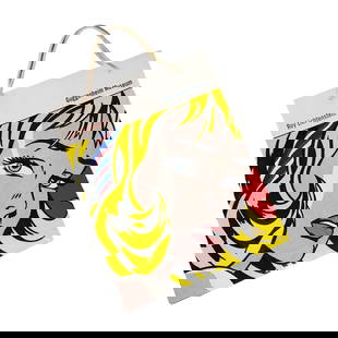 Roy Lichtenstein Guggenheim Pop Art Gift Bag: Vintage 1994 Museum Gift Bag with Pop Art print of Girl with Hair Ribbon 1965 screen print graphics. Measures 15" x 12" x 5".