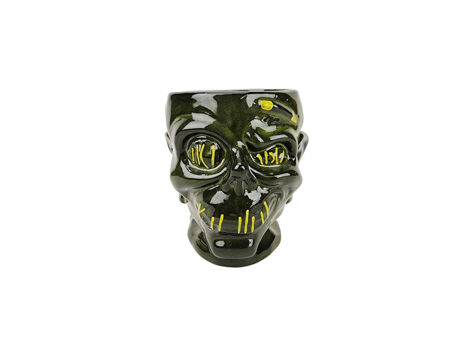 Trader Sams Disney World Grog Grotto Zombie Tiki Mug: Shrunken head zombie head tiki mug, Trader Sam's Grog Grotto. Stamped on bottom. Measures 4 3/4" x 4 3/4" with 3 1/2" opening.