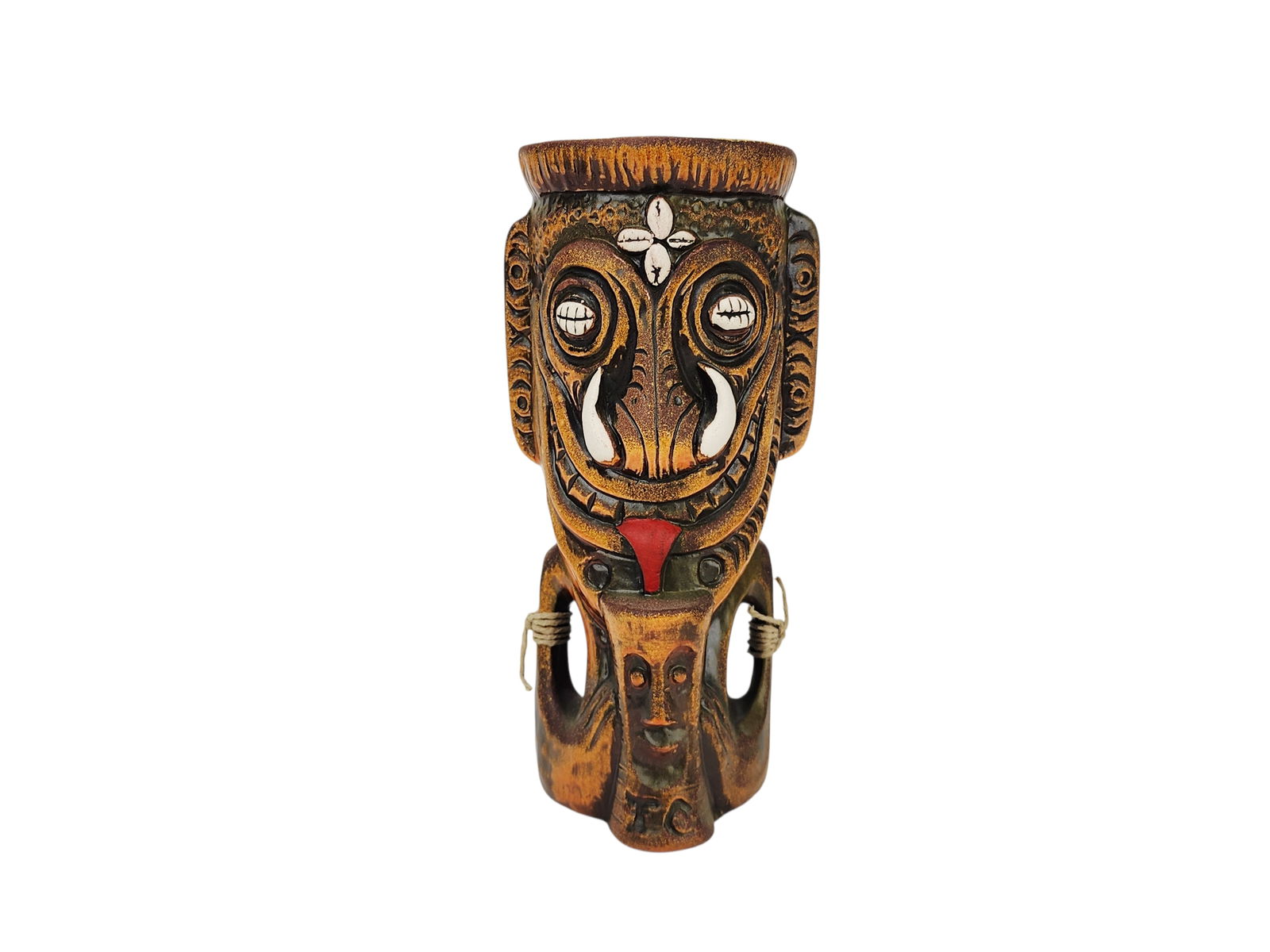Tiki Diablo Tiki Collectors Facebook Group 2019 Mug: Tall Tiki Mug by Big Toe for Tiki Diablo, Tiki Farm, 2019. Stamped 026 on bottom. Measures 8" x 4" x 3 1/2".