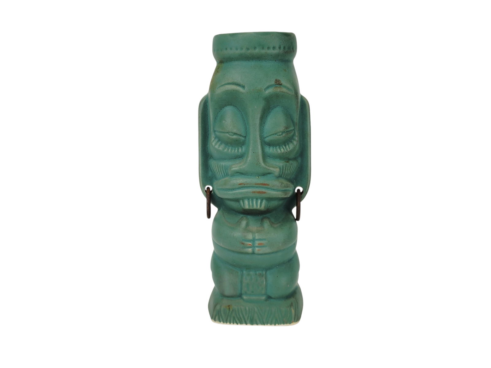 Tiki Farm 2000 Kulapepeio Mug: Kulapepeio Tiki mug with metal earrings by Tiki Farm year 2000. Measures 8 1/2" x 3 1/2" x 3".