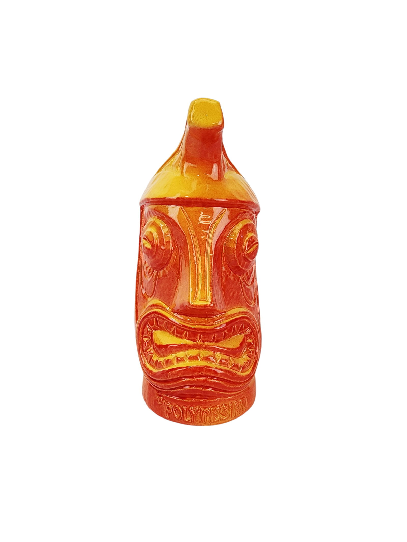 Merrie Monarch, The Polynesian NYC Lava Orange Edition Tiki Mug: 2019 Lava orange edition Merrie Monarch by Tiki Diablo sold for The Polynesian NYC. Measures 7 3/4" x 4" x 3 1/4".